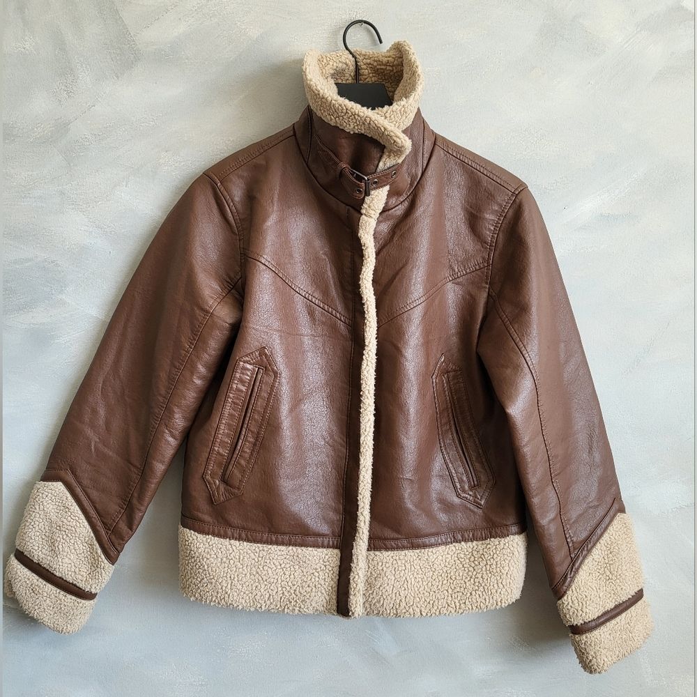 Brown Faux Leather Faux Shearling Boxy Moto Jacket Size S Universal Thread